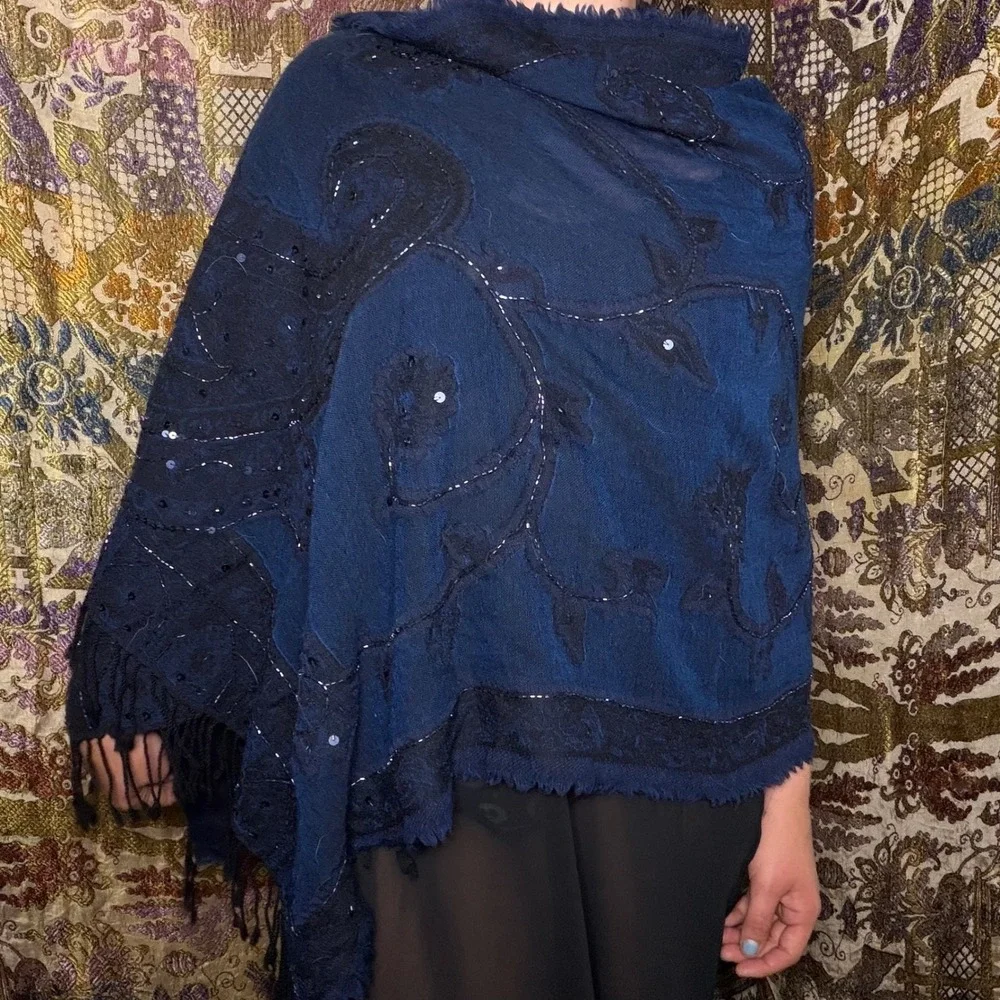 Whimsigoth Blue Black Beaded Sequin Floral Goth Fairy Fringe Scarf/Shawl